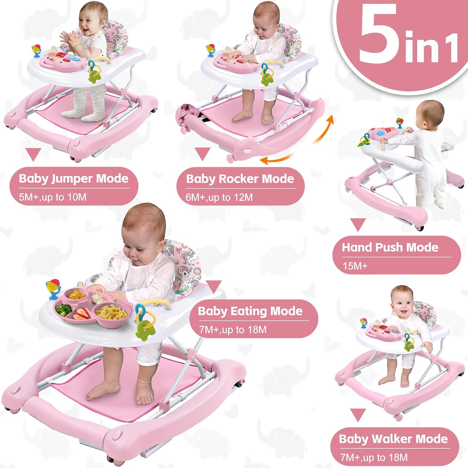 Foldable Baby 5-in-1 Activity Walker - Rocker, Activity Center, Bouncer, Seat Walker, Push Walker - Adjustable Speed