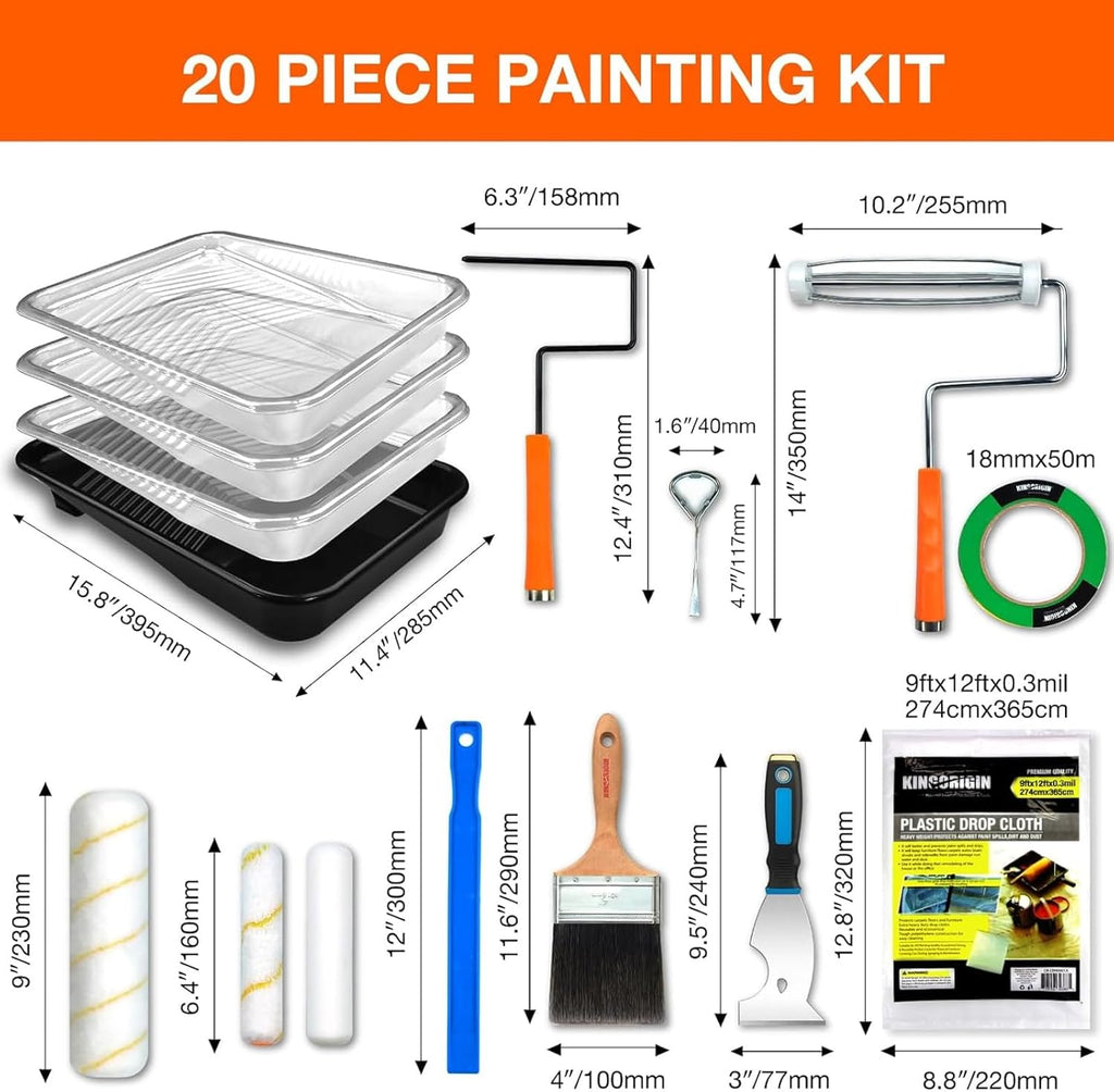 King Origin 20 Piece Paint Roller Kit, Paint Roller Covers 9-inch & 6-inch, Paint Brush, Paint Tray Liners &