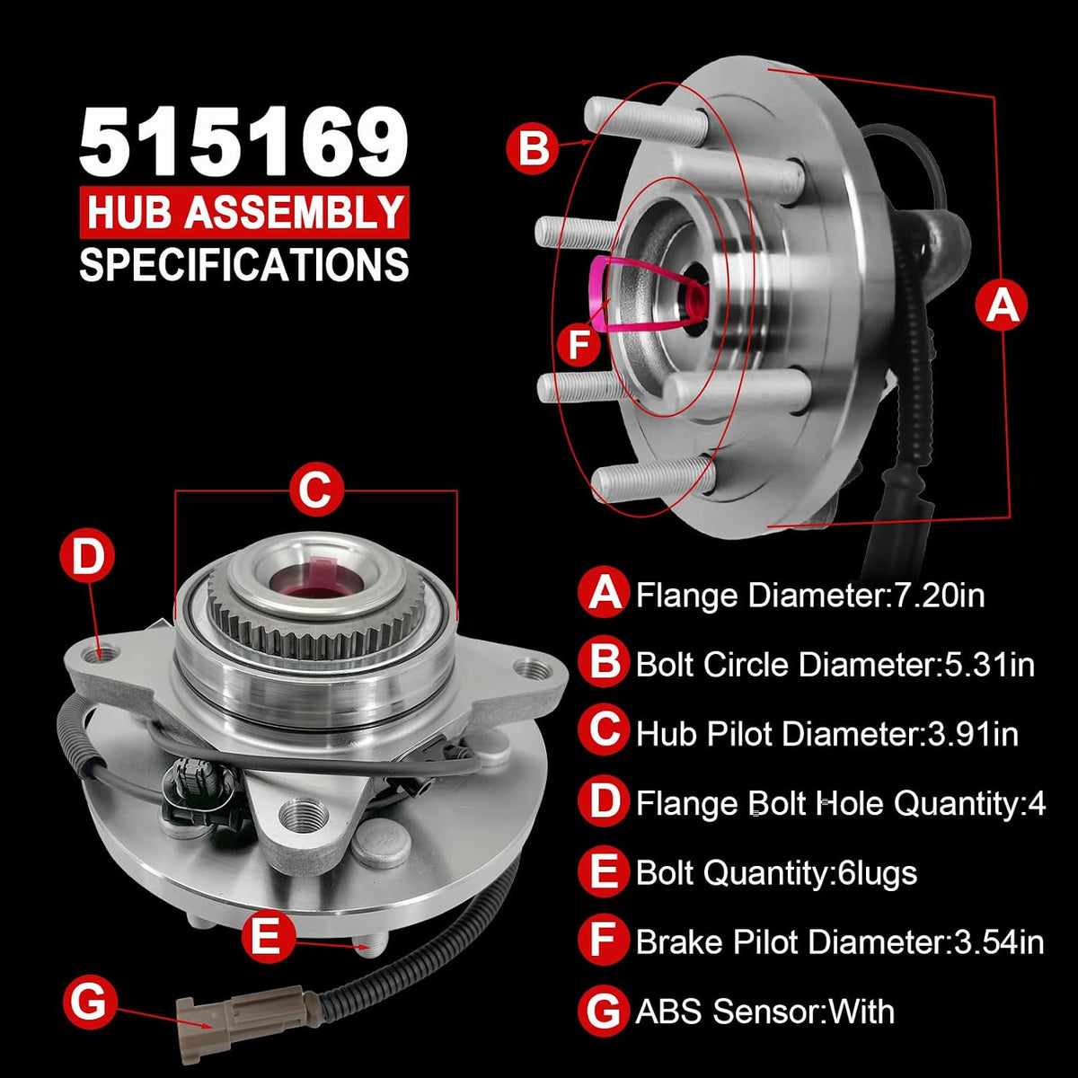 Pair 515169 4WD Front Wheel Bearing Hub Assembly Compatible with Ford F-150 2015 2016 2017 (2.7L 3.5L 5L Engines), 4x4 Hub Bearing Kit for Ford F150 2015-2017, 6 Lugs w/ABS