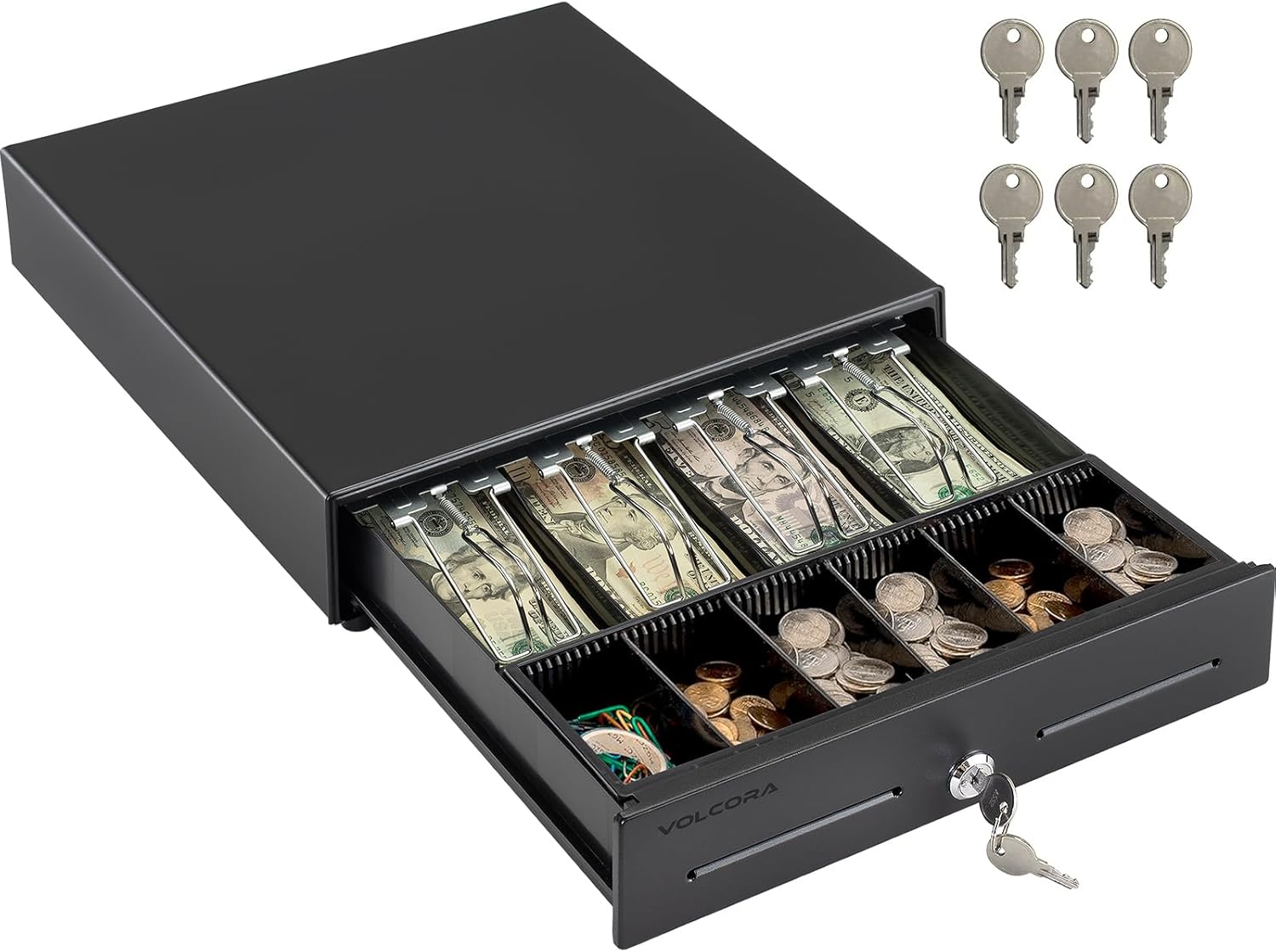13" POS Cash Register Drawer, 4 Bill 6 Coin Tray, Removable Coin Compartment, 12-24V RJ11/RJ12 Key-Lock, Media Slot
