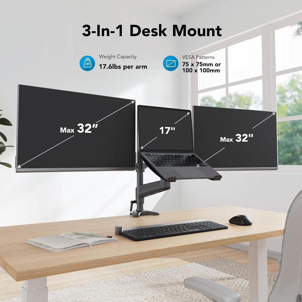 Dual Monitor and Laptop Mount for Max 32” Monitor and 17” Laptop, Adjustable Arm with Tilt, Swivel and Rotation, Dual