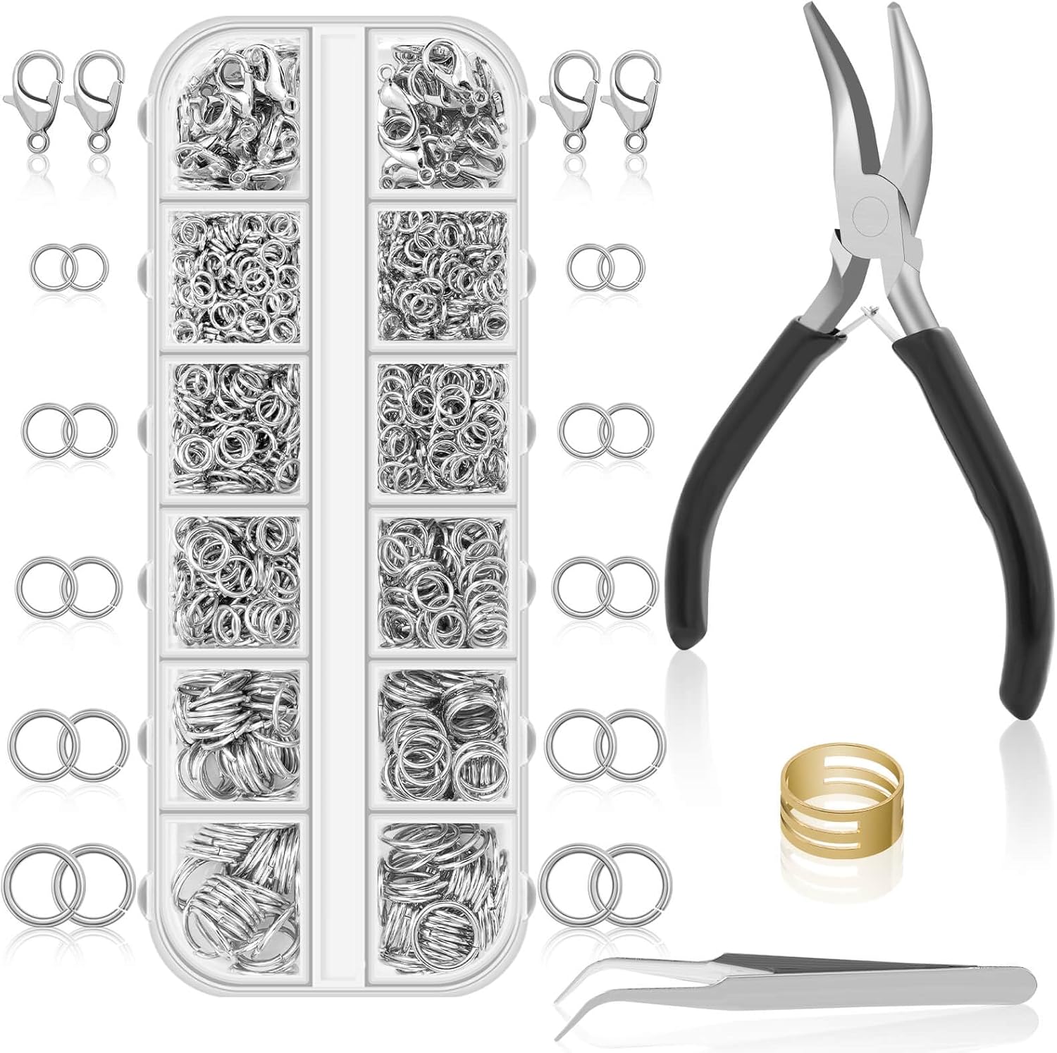 1200PCS Jump Rings for Jewelry Making Kit, Jump Rings and Necklace Clasps with Jump Ring Pliers Tools for Jewelry