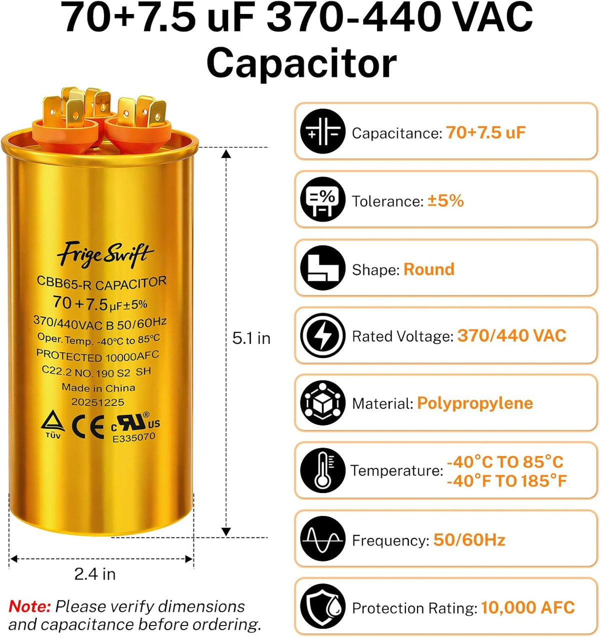 70+7.5 uF ±5% 370/440 VAC CBB65 Round Dual Run Capacitor 10-Pack