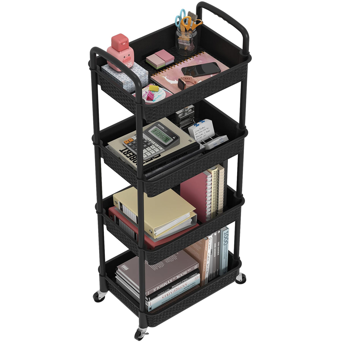 4-Tier Plastic Rolling Utility Cart with Handle, Black