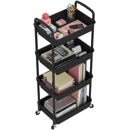 4-Tier Plastic Rolling Utility Cart with Handle, Black