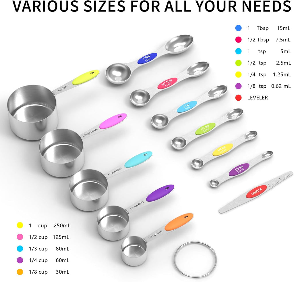 measuring cups and magnetic measuring spoons set, stainless steel measuring cups, 6 double-sided stainless steel