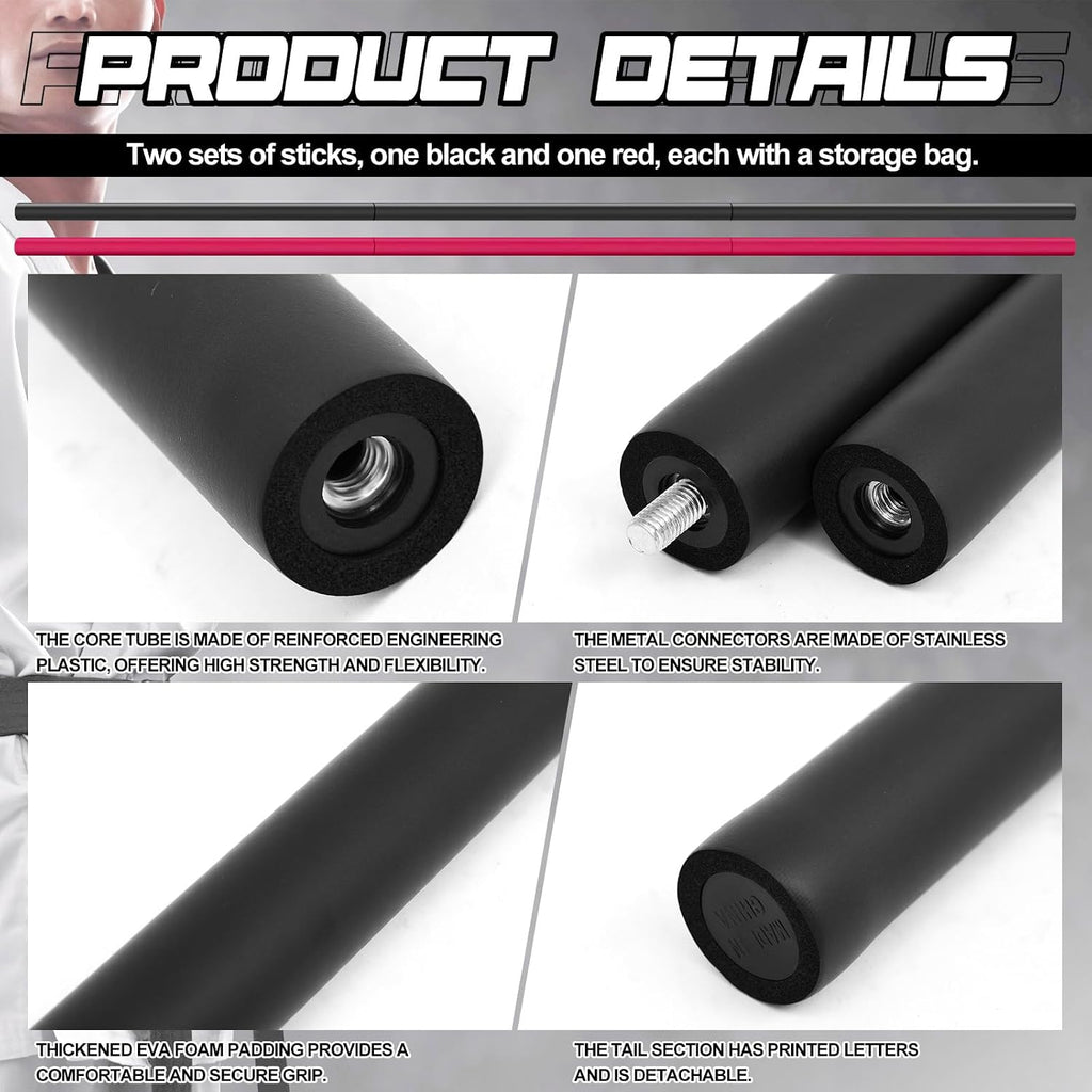 2 Pack 4ft & 6ft Collapsible Bo Staff Foam Padded Martial Arts Training Staff Black and Red Foam Padded Training