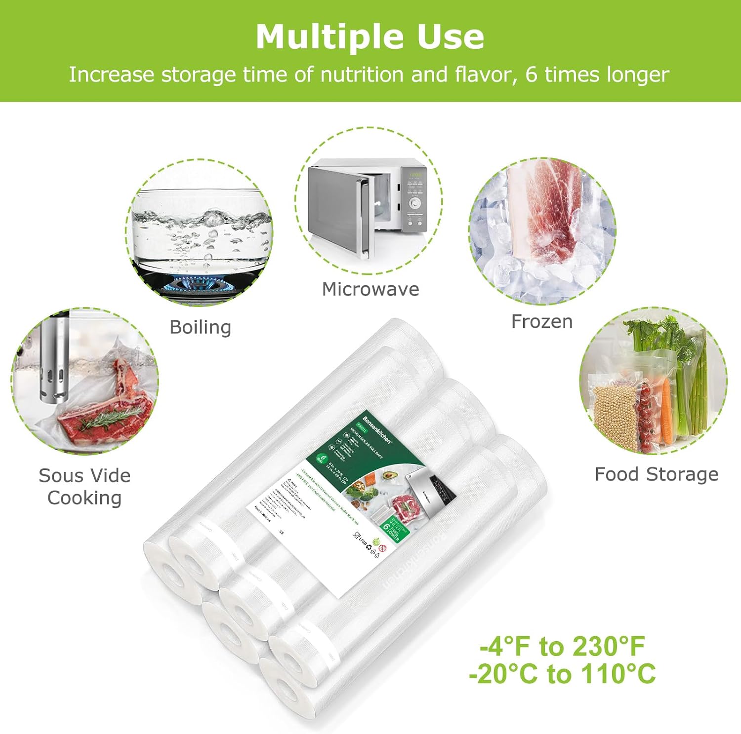 Vacuum Sealer Rolls bags, 3 Rolls 11"x 20'+ 3 Rolls 8"x 20'