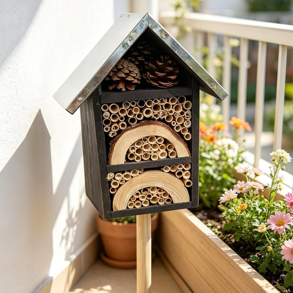 Wooden Insect Hotel with Ground Stake, Metal Roof Mason Bee House, Natural Bamboo Bug Habitat for Butterflies