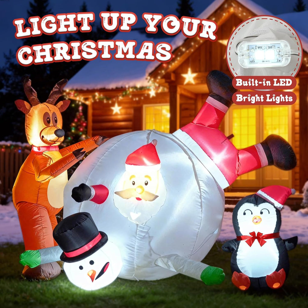 6FT Inflatable Santa Snowball Scene with LED Lights for Yard | Penguin reindeer snowman blow up decorations, Built-in