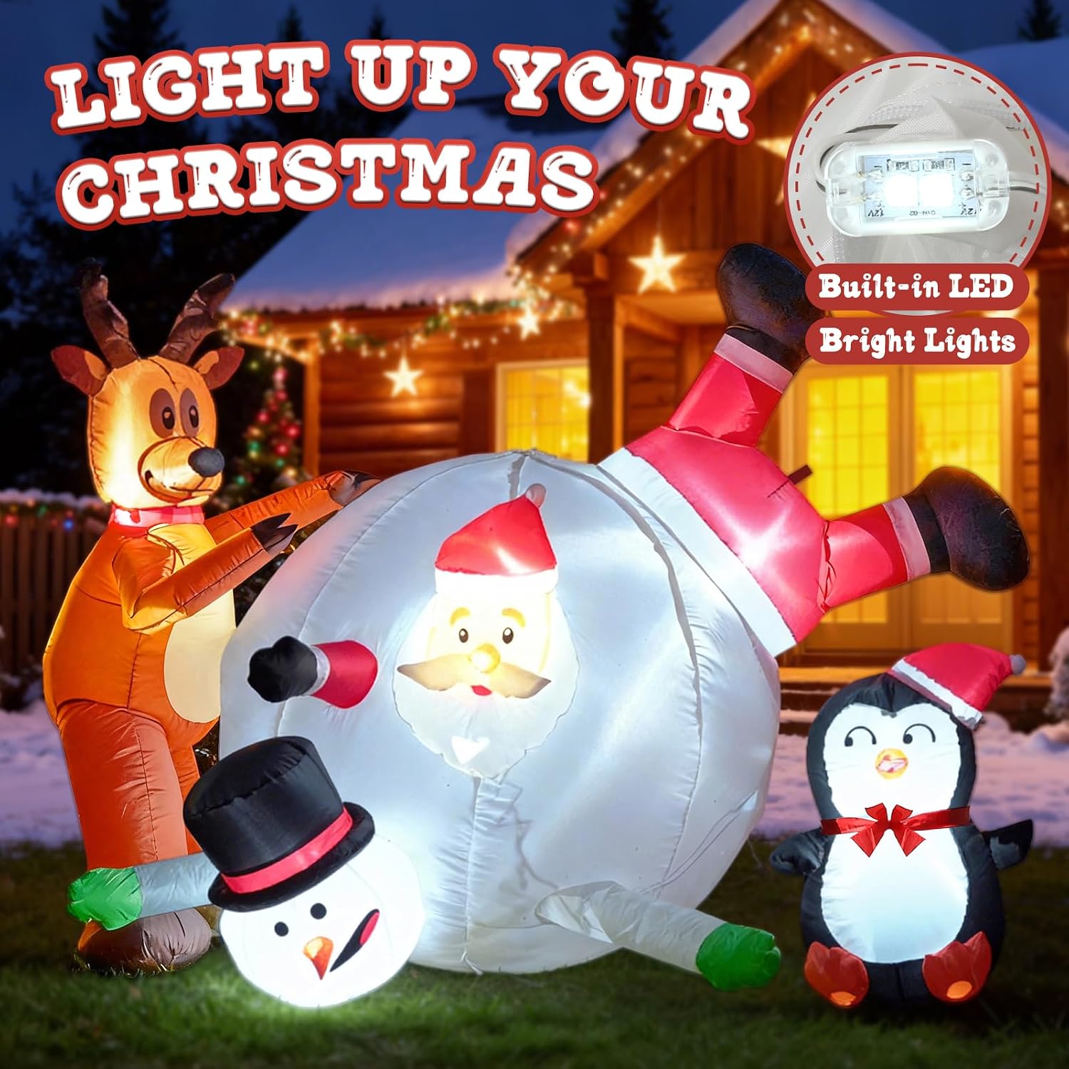 6FT Inflatable Santa Snowball Scene with LED Lights for Yard | Penguin reindeer snowman blow up decorations, Built-in