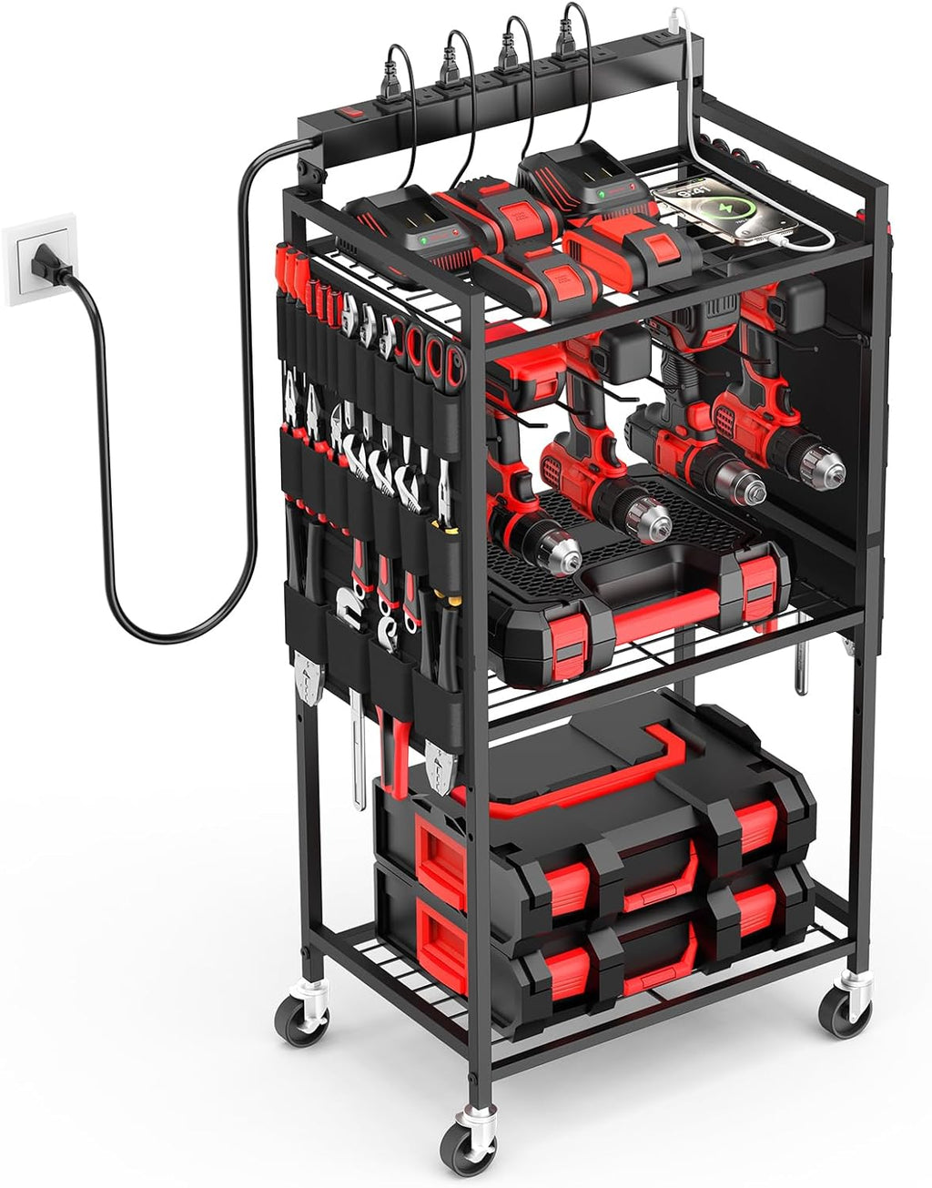 Garage Large Power Tool Organizer Cart with 8 Outlet 3 USB Charging Station, Floor Rolling Drill and Tools Battery