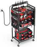 Garage Large Power Tool Organizer Cart with 8 Outlet 3 USB Charging Station, Floor Rolling Drill and Tools Battery