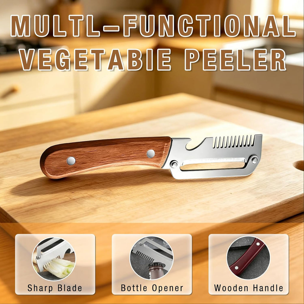 2-Pack Multifunctional Vegetable Peeler,Premium Vegetable Peeler with Wooden Handle and Bottle Opener,3-in-1 Peelers