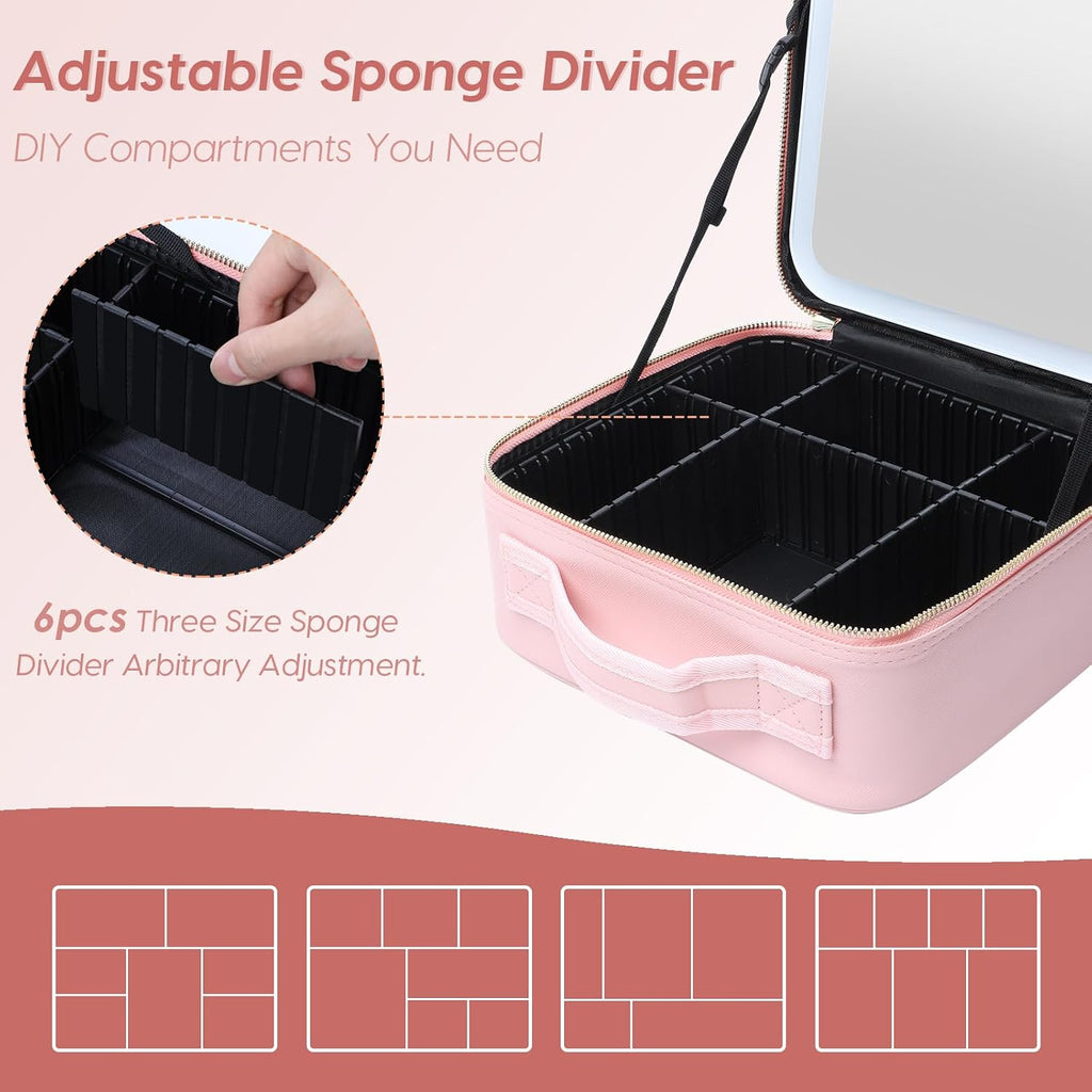 Makeup Bag with Mirror and Light, Cosmetic Travel Case with Mirror, Large Makeup Organizer with Mirror, Portable