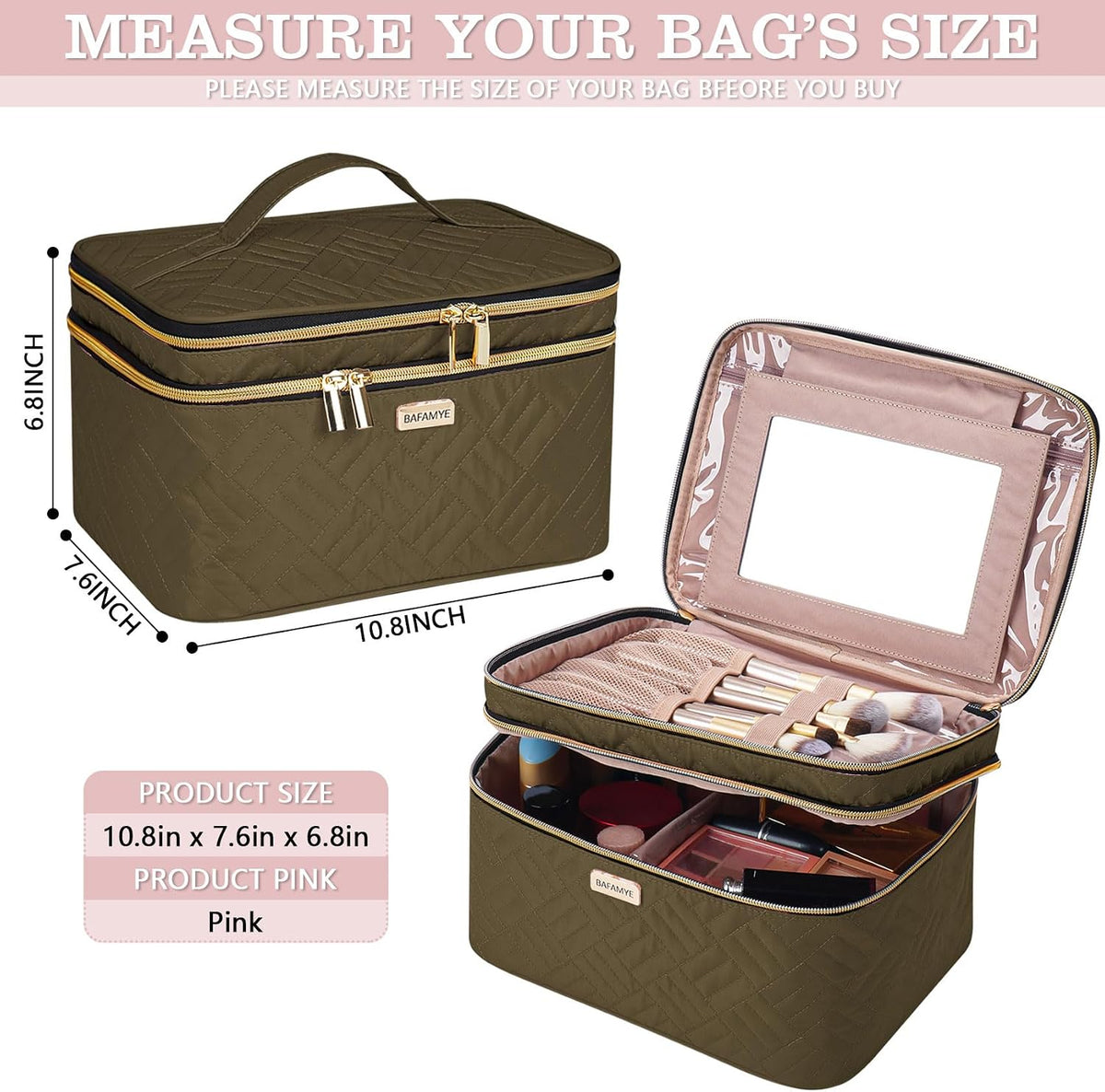 8.8L Double Layer Travel Makeup Bag With Mirror For Women, Large Cosmetic Case, Organizer for Travel-Size Accessories