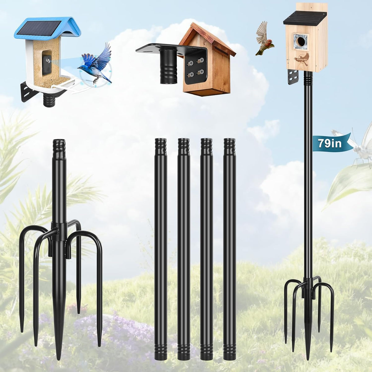 Smart Bird Feeder Pole 1-Inch Dia 79 Inch Bluebird House Pole for Outdoors Weather Station Heavy Duty Metal Mounting