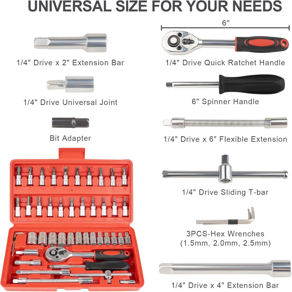 46PCS Small Drive Socket Ratchet Wrench Screwdriver Set, 1/4 Inch Metric Socket and Ratchet Wrench Set with Extension