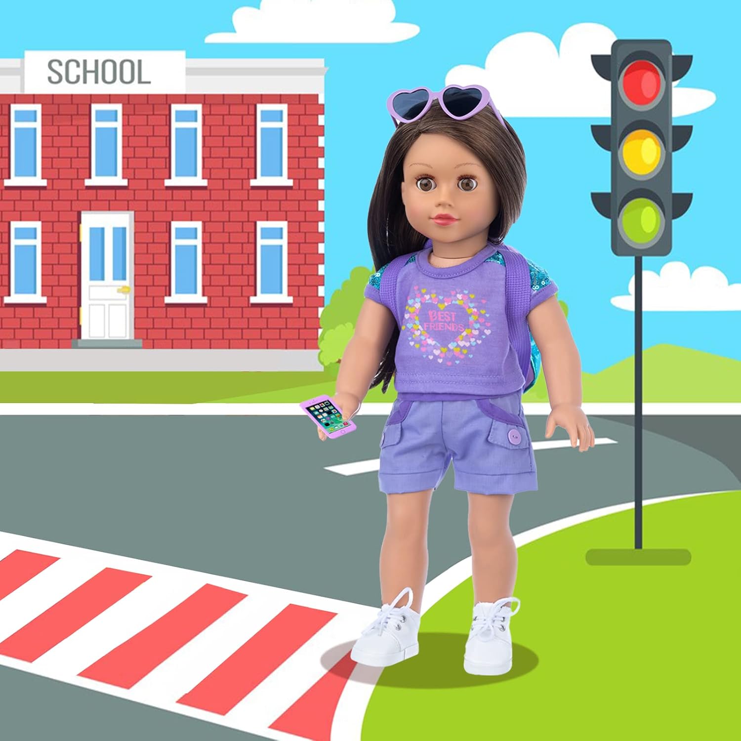 18 Inch Girl Doll Clothes and Accessories School Supplies Playset with Clothes Set, School Bags, Sunglasses, Pencils