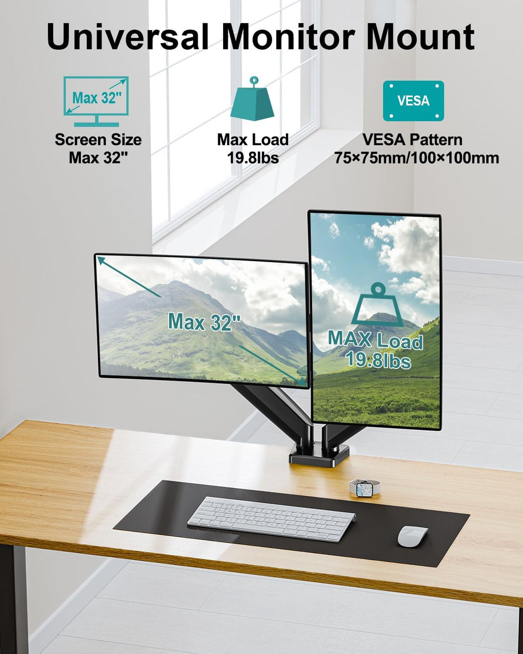 Dual Monitor Arm Desk Mount Fits Max 32 inch Screens, Holds 4.4 to 19.8lbs | Display VESA Mount, Adjustable Double