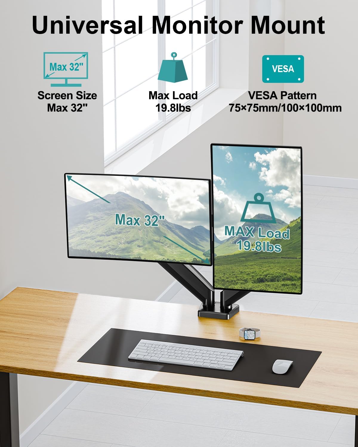 Dual Monitor Arm Desk Mount Fits Max 32 inch Screens, Holds 4.4 to 19.8lbs | Display VESA Mount, Adjustable Double