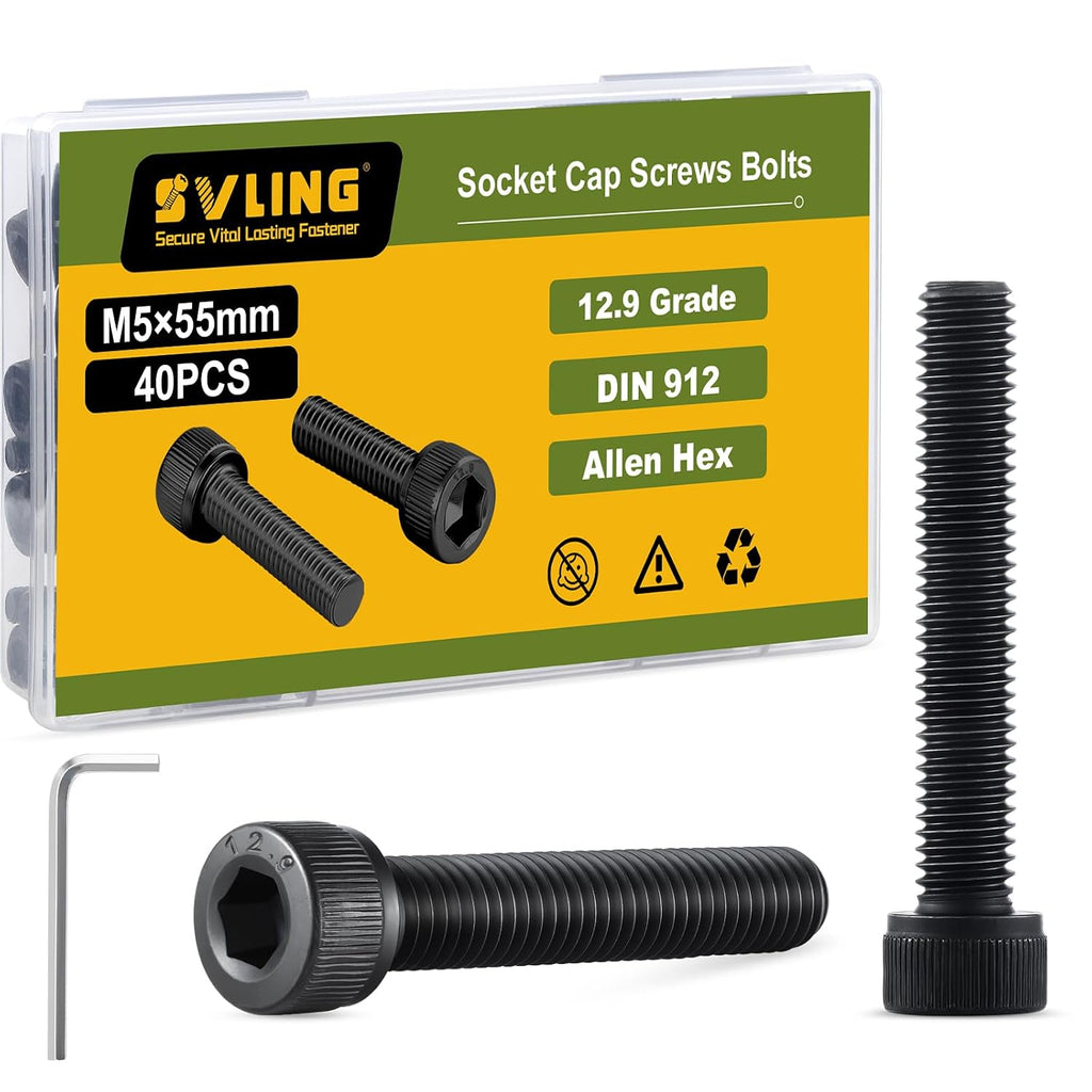 M5-0.8 x 55mm Bolt, 40PCS M5 Hex Socket Head Cap Screws Bolts, 12.9 Grade Alloy Steel, Full Threads, Allen Socket Drive, with Hex Spanner