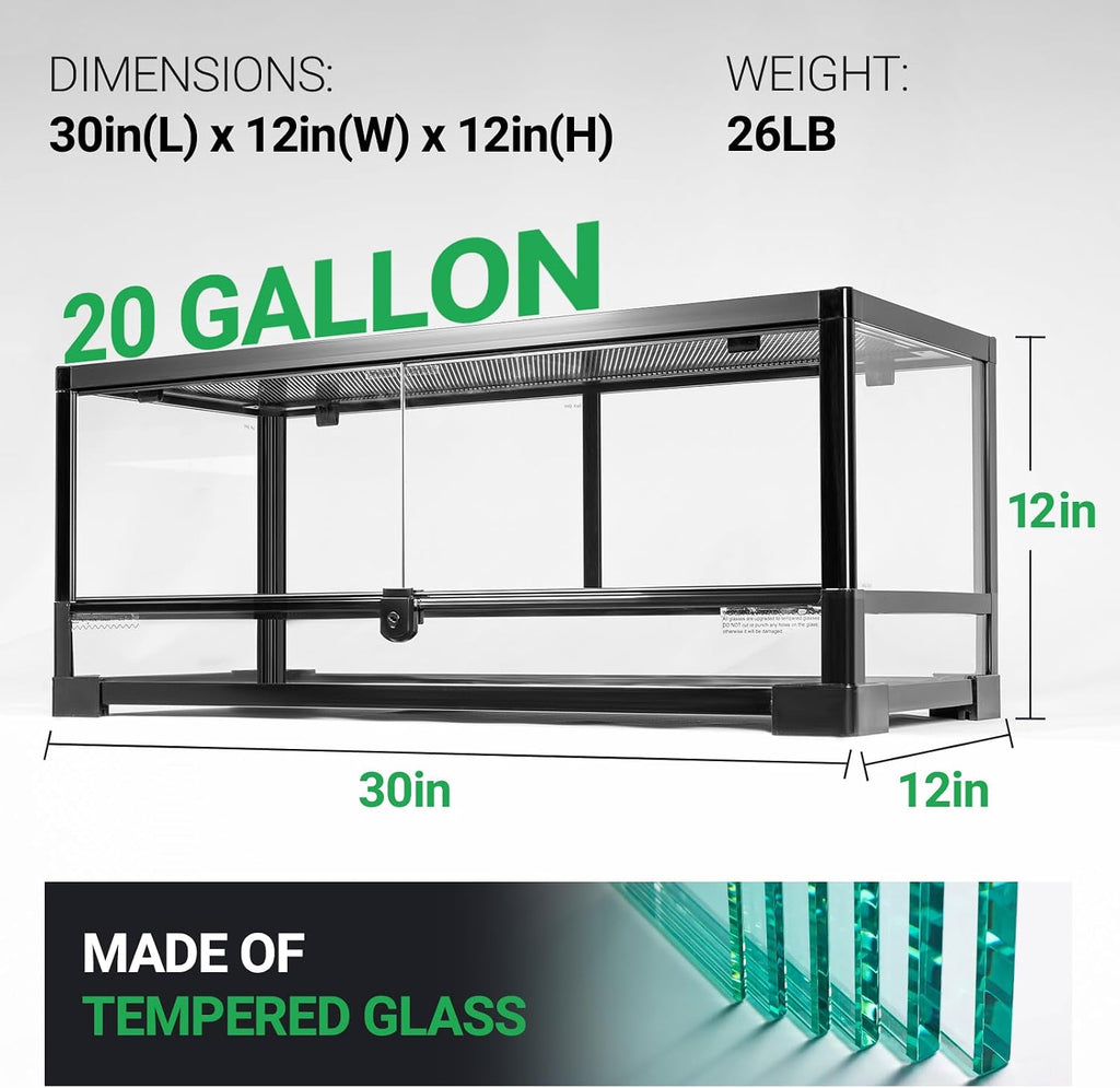 Tempered Glass Reptile Tank, 30x12x12 Inch Front Opening Terrarium with Top Screen Ventilation & Water-Holding