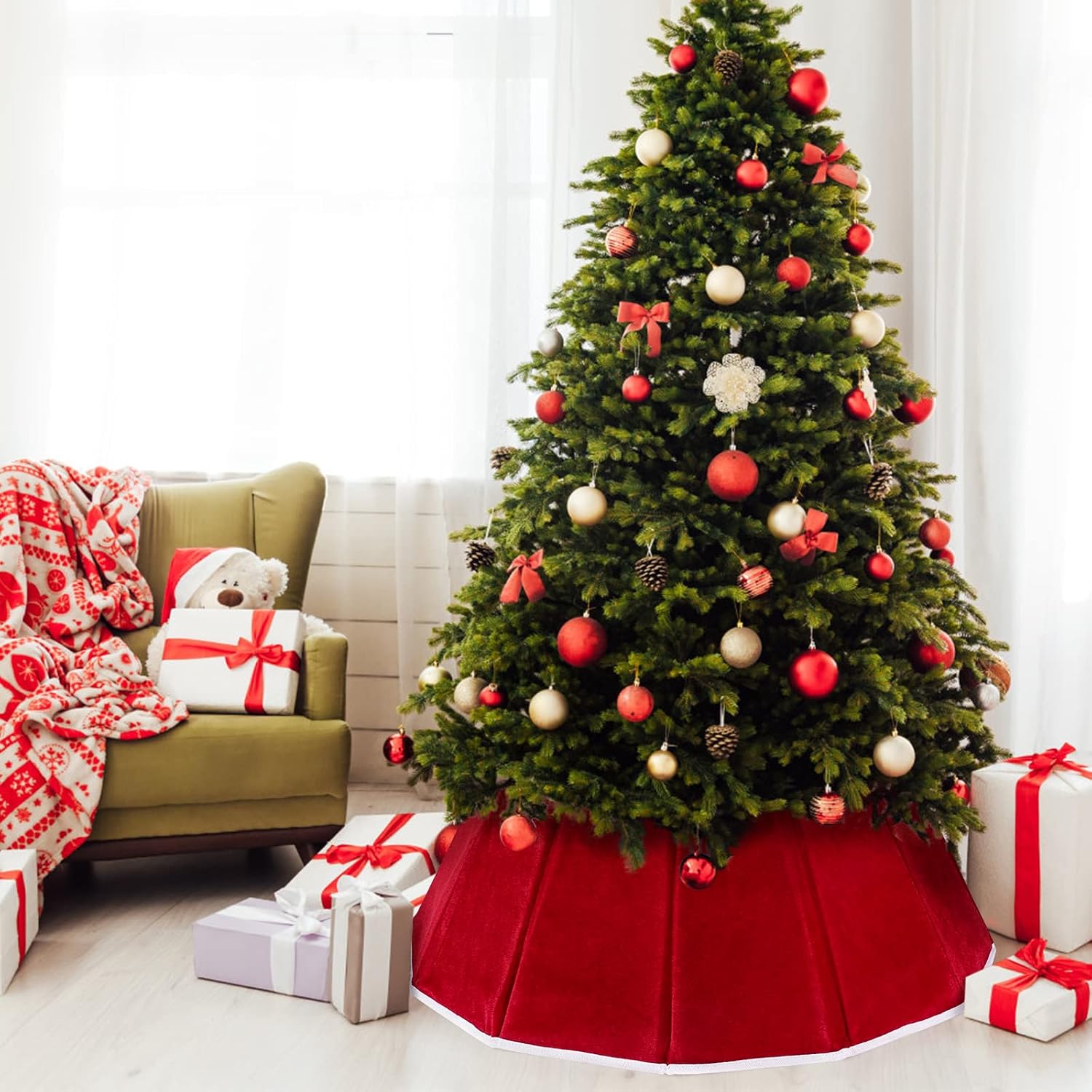 Christmas Tree Collar Red Velvet Christmas Tree Ring Foldable Xmas Trees Skirt for Artificial Trees Base Stand Cover