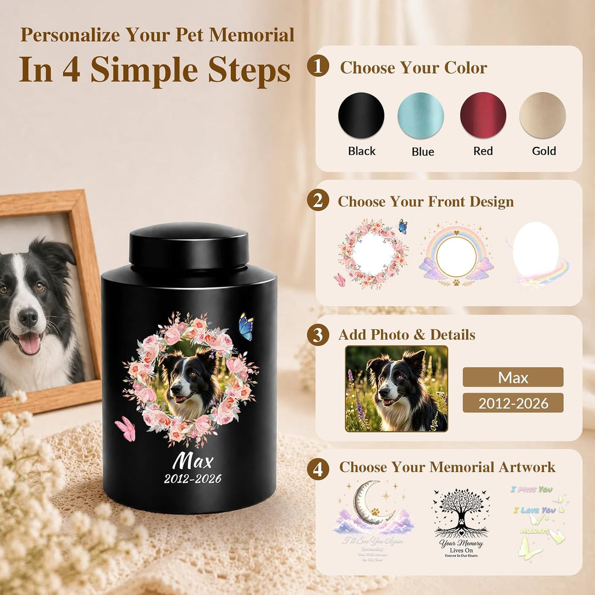 Personalized Pet Urn for Dog - Custom Dog Urns for Ashes (Bright Gold)