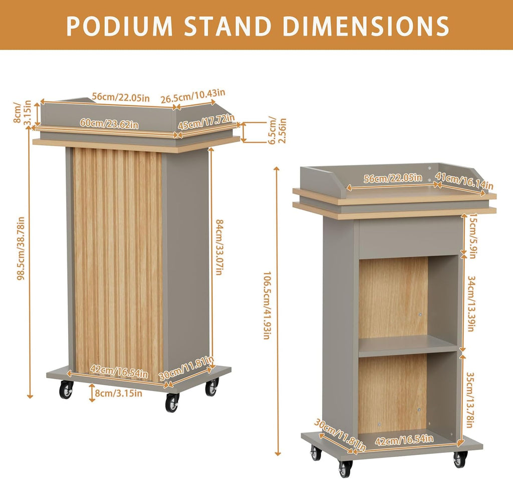 Wooden Podium Stand, Portable Standing Pulpit with Wheels and Drawer, Mobile Lectern Stand for Church, Wedding