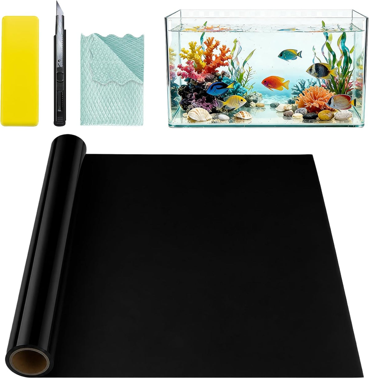 Black Aquarium Background, Static Cling Fish Tank Backdrop Wallpaper, Glue-Free, Reusable PVC Aquarium Décor