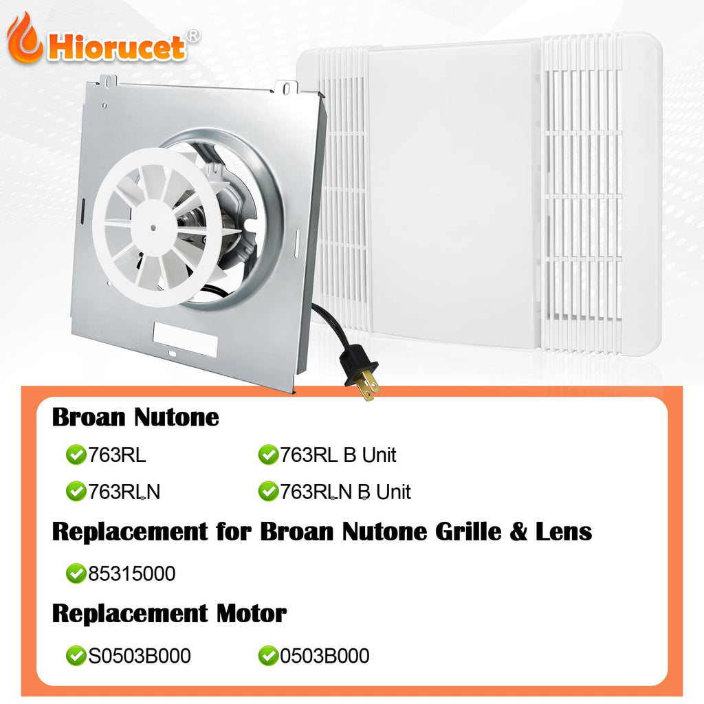 763RL B Unit 50CFM Fan, S0503B000 Fan Motor Assembly & 85315000 Ventilation Fan Grille Lens for Broan Nutone 763RL, 763RLN B Unit Bathroom Exhaust Fan Cover Replacement Parts, 2.0 Sones, Quieter Motor