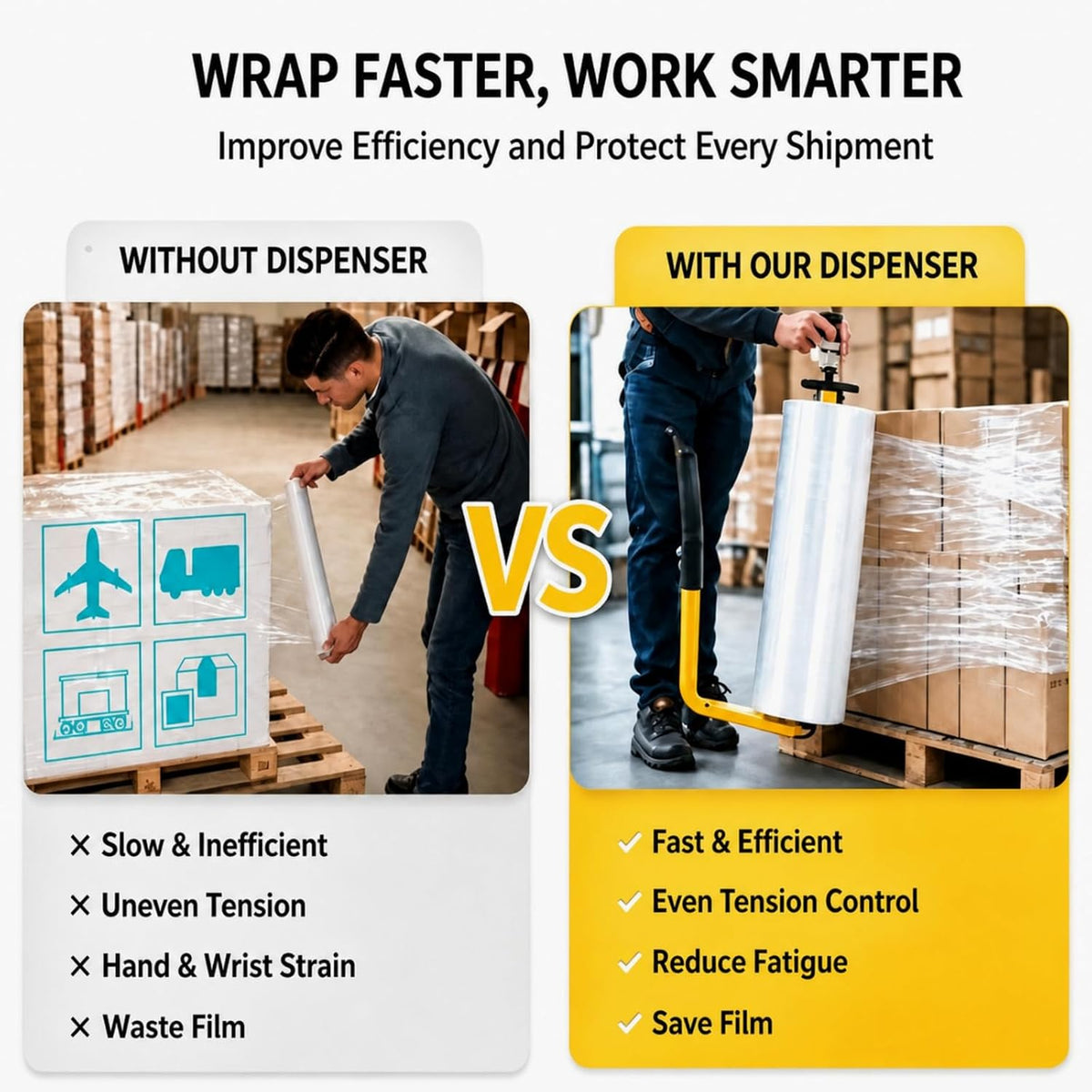 Stretch Film Dispenser Heavy Duty Industrial Stretch Wrap Handle Adjustable 14-20 Inch Pallet Wrap Dispenser