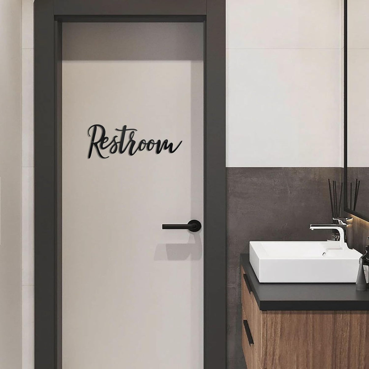 Restroom Sign Metal Wall Art Decoration, Black, 14.17 x 5.12 inch