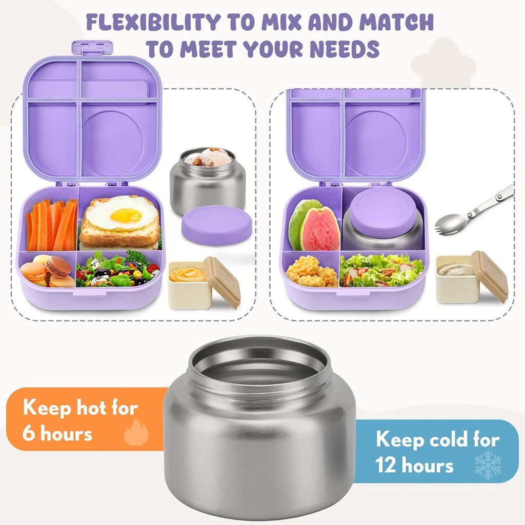 Bento Lunch Box with 12oz Soup Thermo,4 Compartments Lunch Box Containers, Spoon&Sauce Jar, BPA Free&Leak
