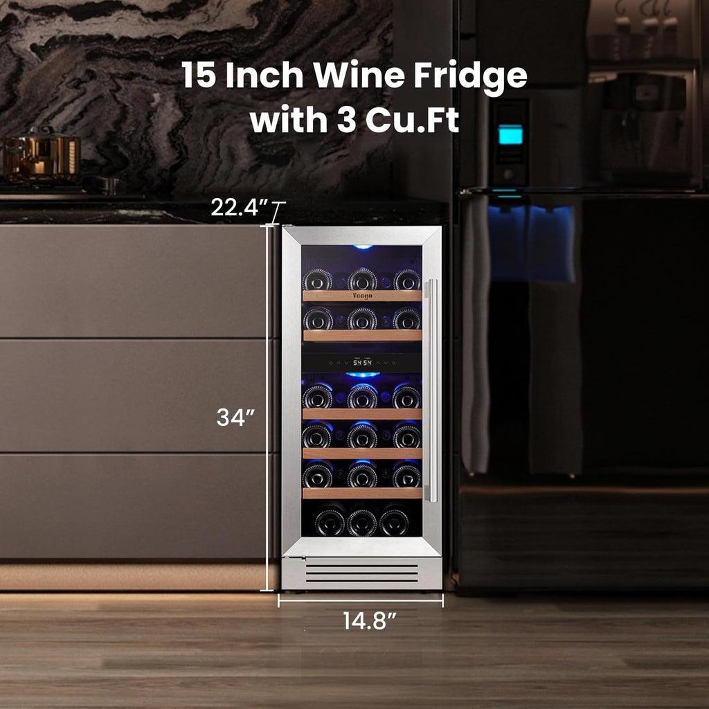 15 Inch Dual Zone Wine Fridge, 28 Bottle Wine Cooler with Left-Hinged