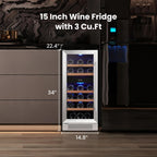 15 Inch Dual Zone Wine Fridge, 28 Bottle Wine Cooler with Left-Hinged