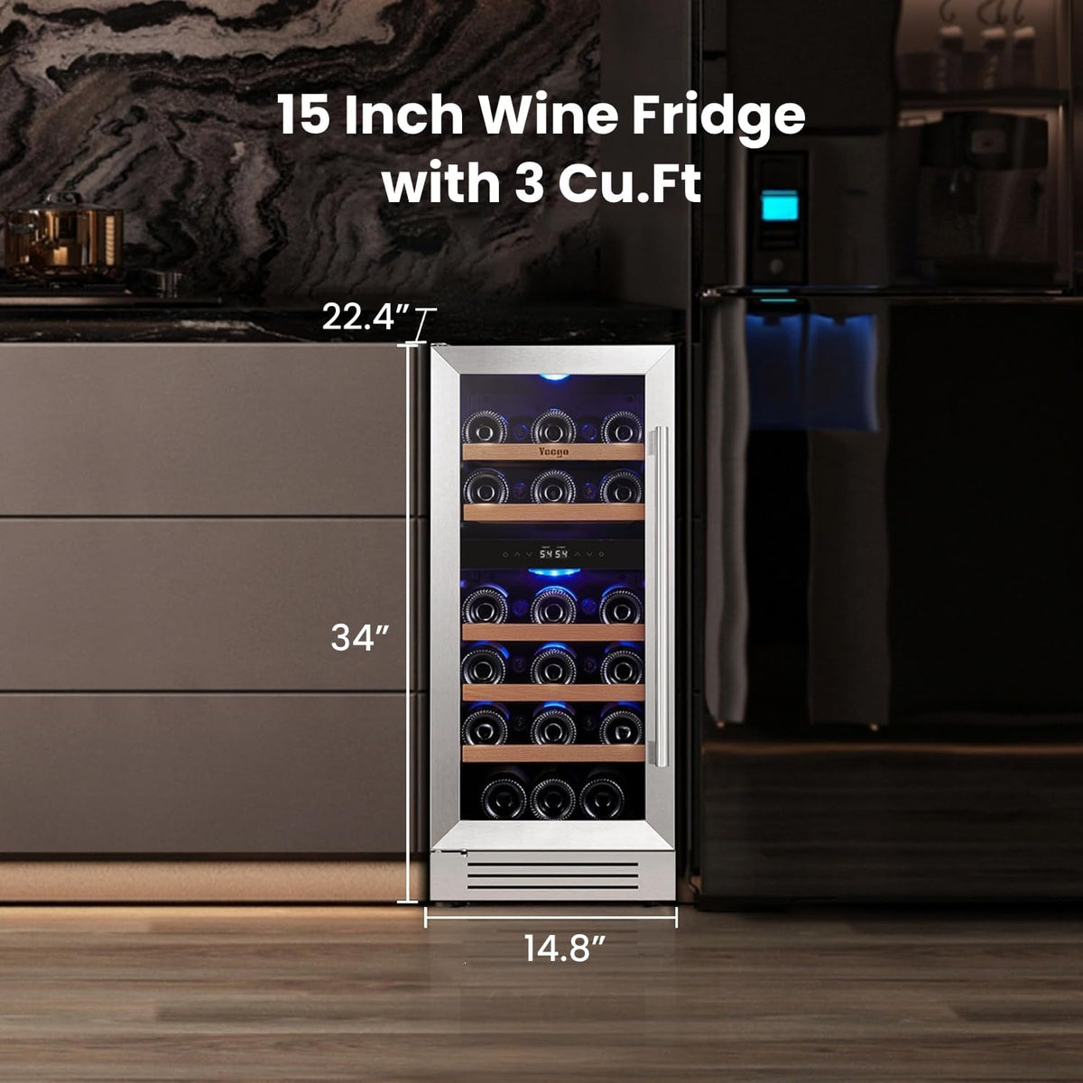 15 Inch Dual Zone Wine Fridge, 28 Bottle Wine Cooler with Left-Hinged