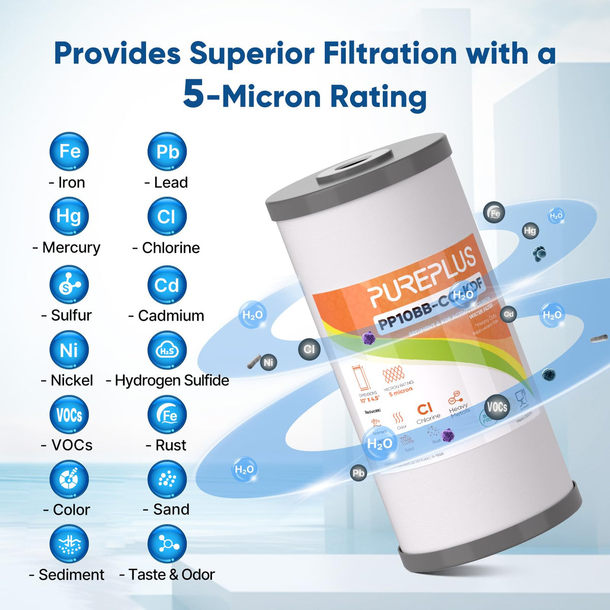 PUREPLUS 10" x 4.5" Whole House Heavy Metal Reduction Water Filter,4 PACK