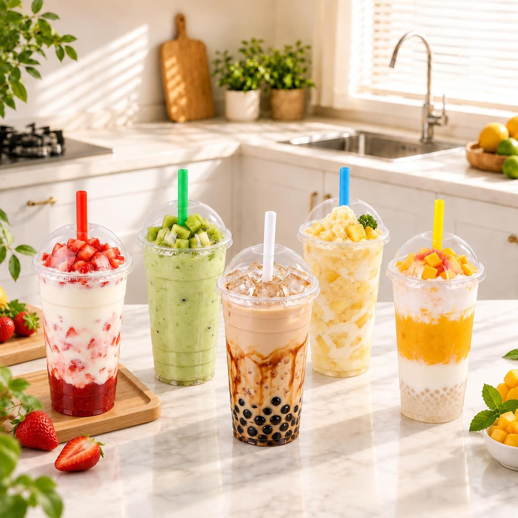 50pack 32oz Clear Plastic Cups with Dome Lids & Wide Color Straws