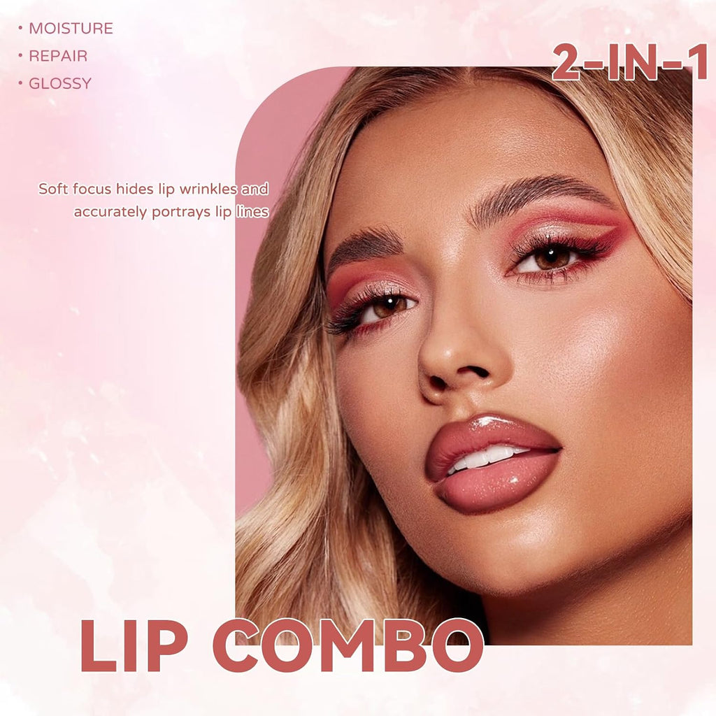 Gradient Lip Liner and Gloss Lip Combo Set, Long Lasting Light Brown Matte Lipstick Crayon Lip Liner Pencil