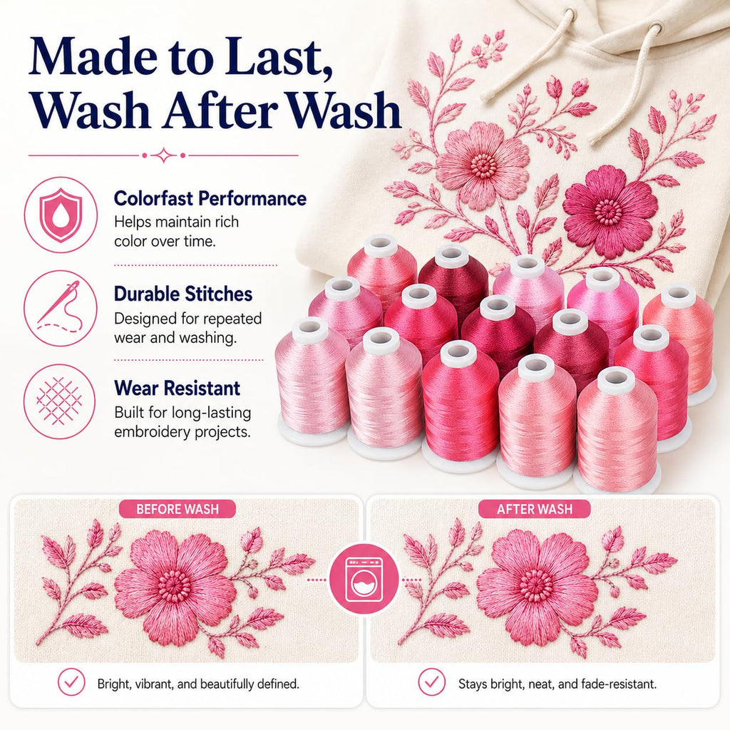 15-Color Polyester Machine Embroidery Thread Set, Pink Series