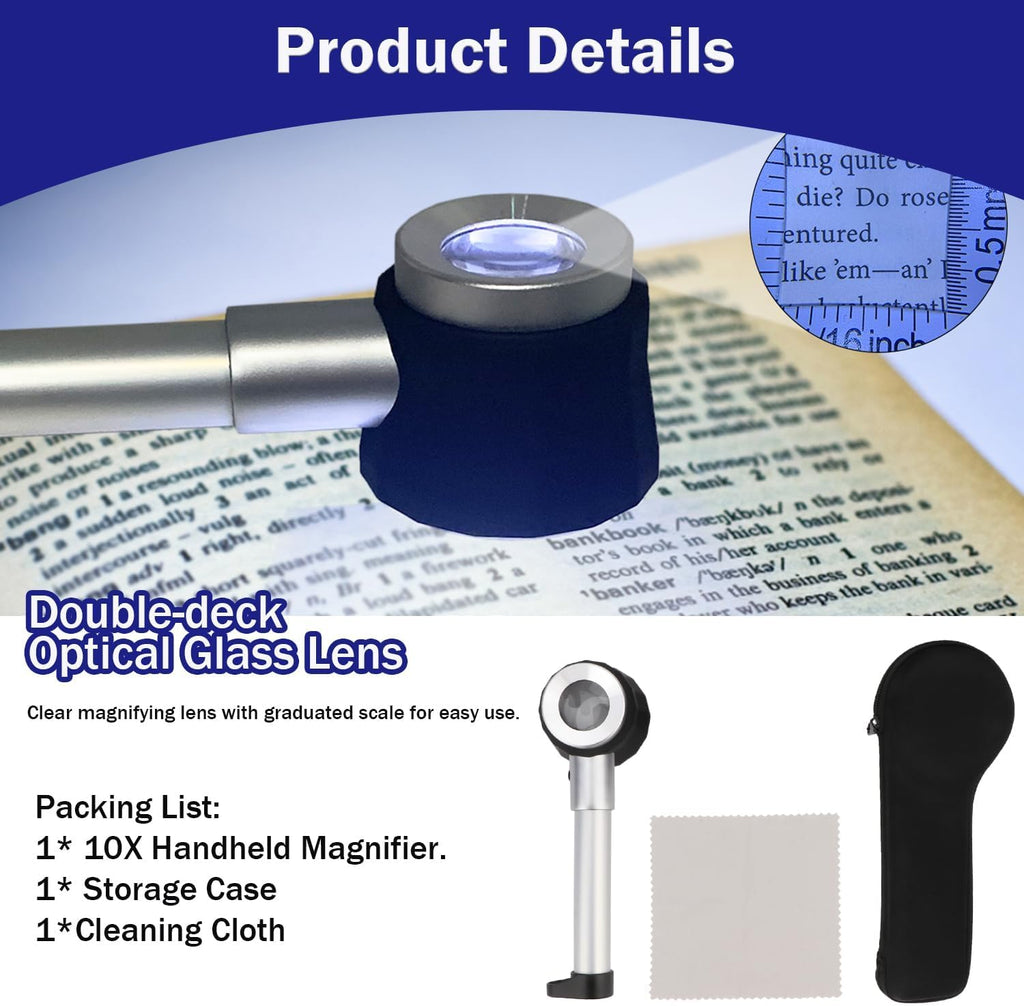 10X Jeweler Loupe Handheld Magnifier Magnifying Glass with LED Light | Lighted magnifiers with measure scale &