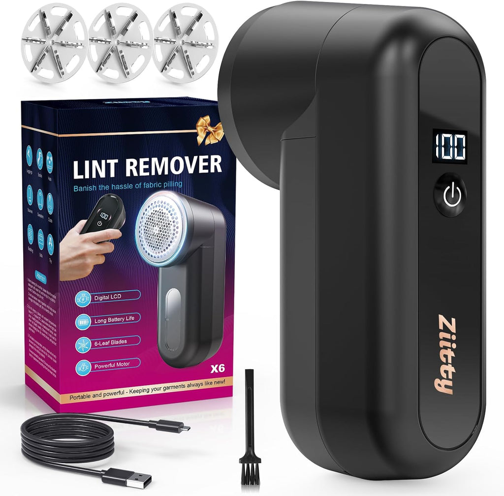 Fabric Shaver, Ziitty Lint Remover for Clothes, Type-C Rechargeable Lint Shaver with LCD Display & 6-Blade, Sweater