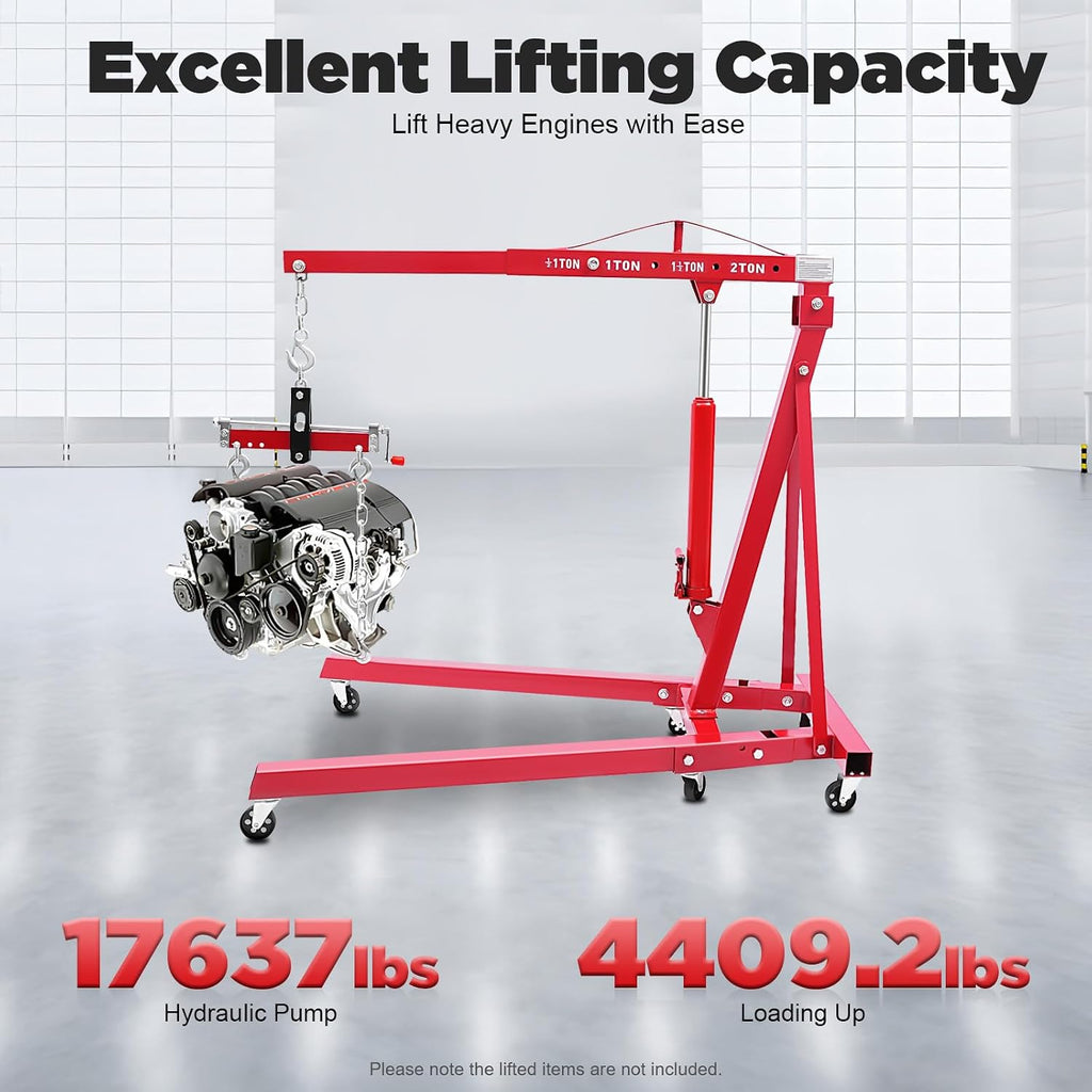 Hydraulic Engine Hoist with Lever, 2 Ton/4409 LBS Heavy-Duty Cherry Picker Shop Crane, Foldable Engine Crane and
