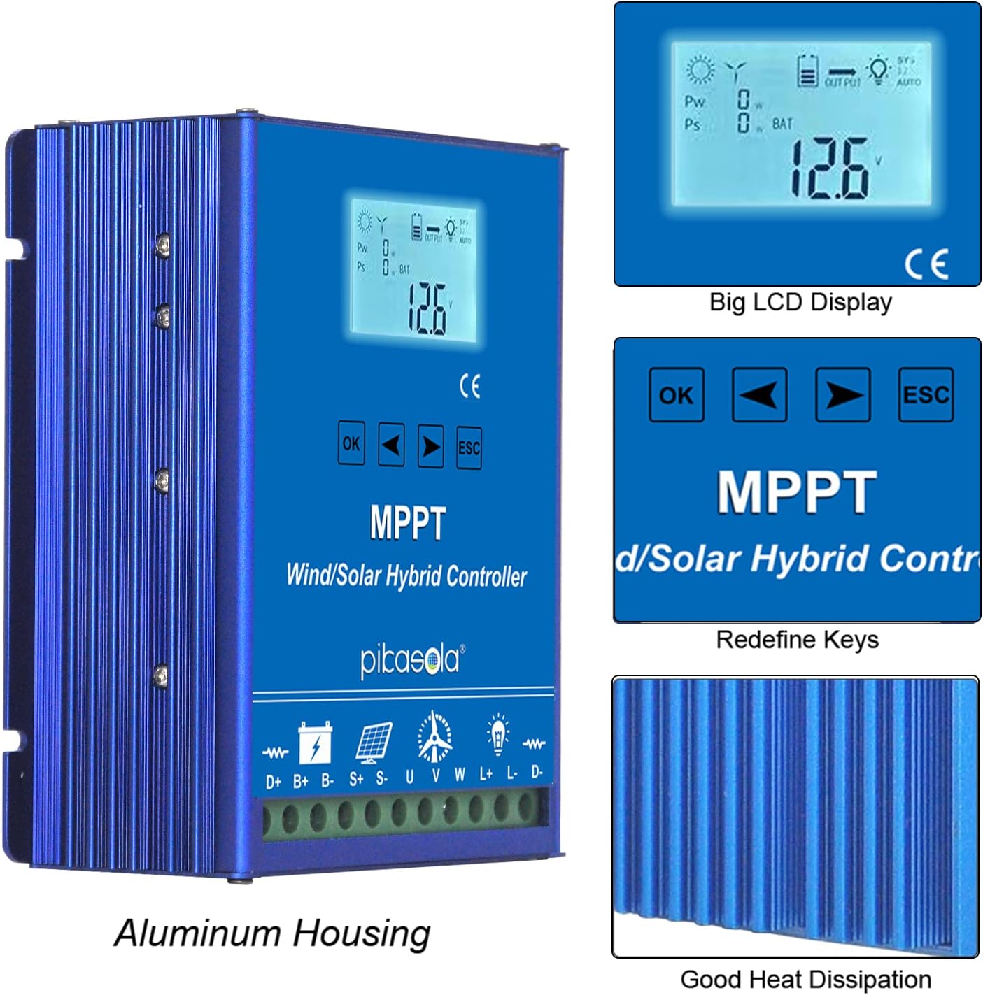 1400W Off Grid with Unloader Hybrid Wind Solar Controller Auto 12/24V Battery MPPT Charge Boost Float of max 800w