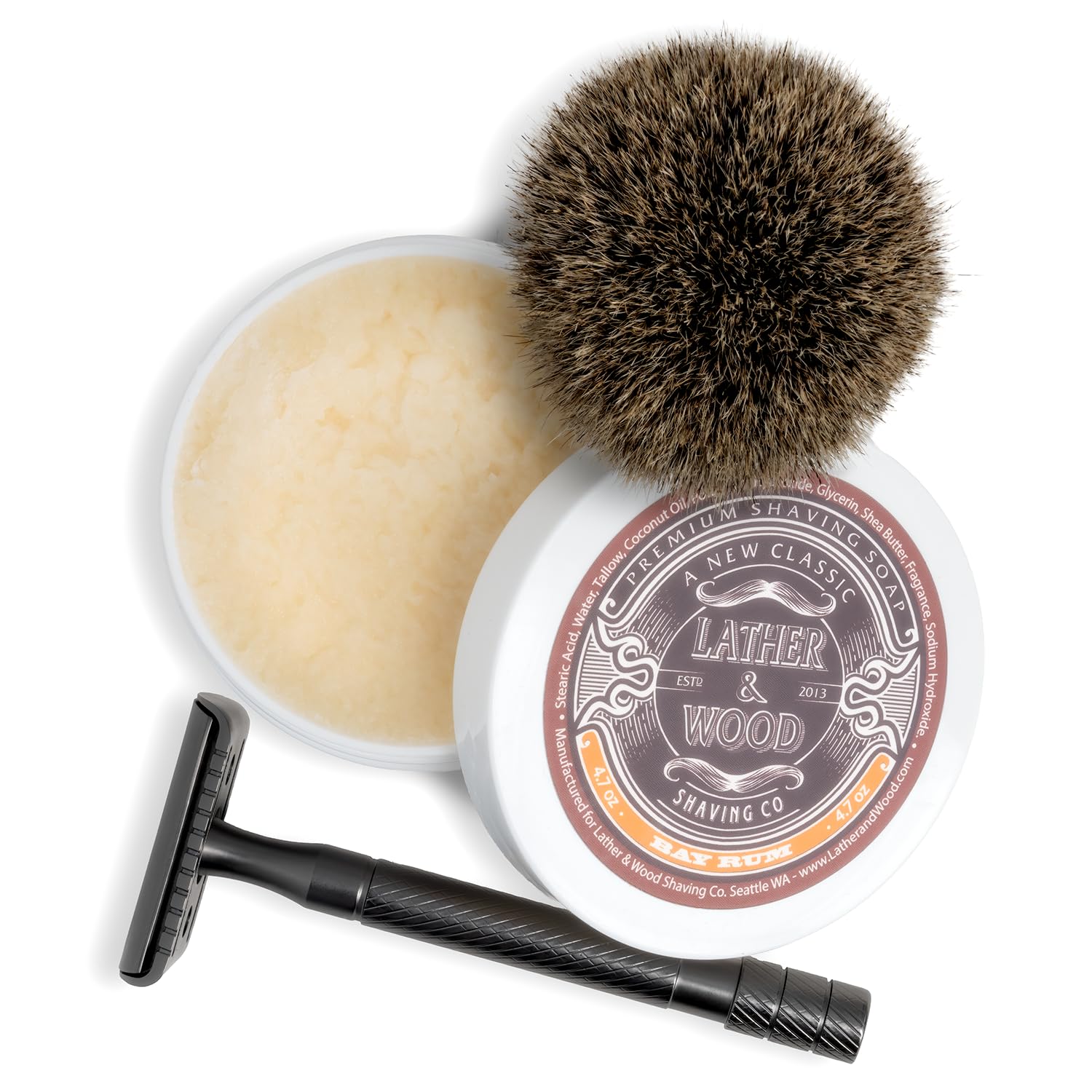 Lather & Wood Shaving Soap - Bay Rum - Simply the Best Luxury Shaving Cream - Tallow - Dense Lather with Fantastic