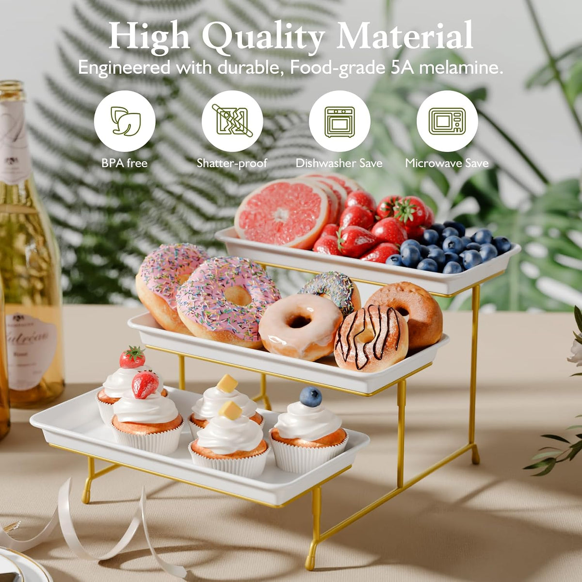 3-Tier Melamine Serving Tray Set, 11.5 x 5.6 in, Gold Stand