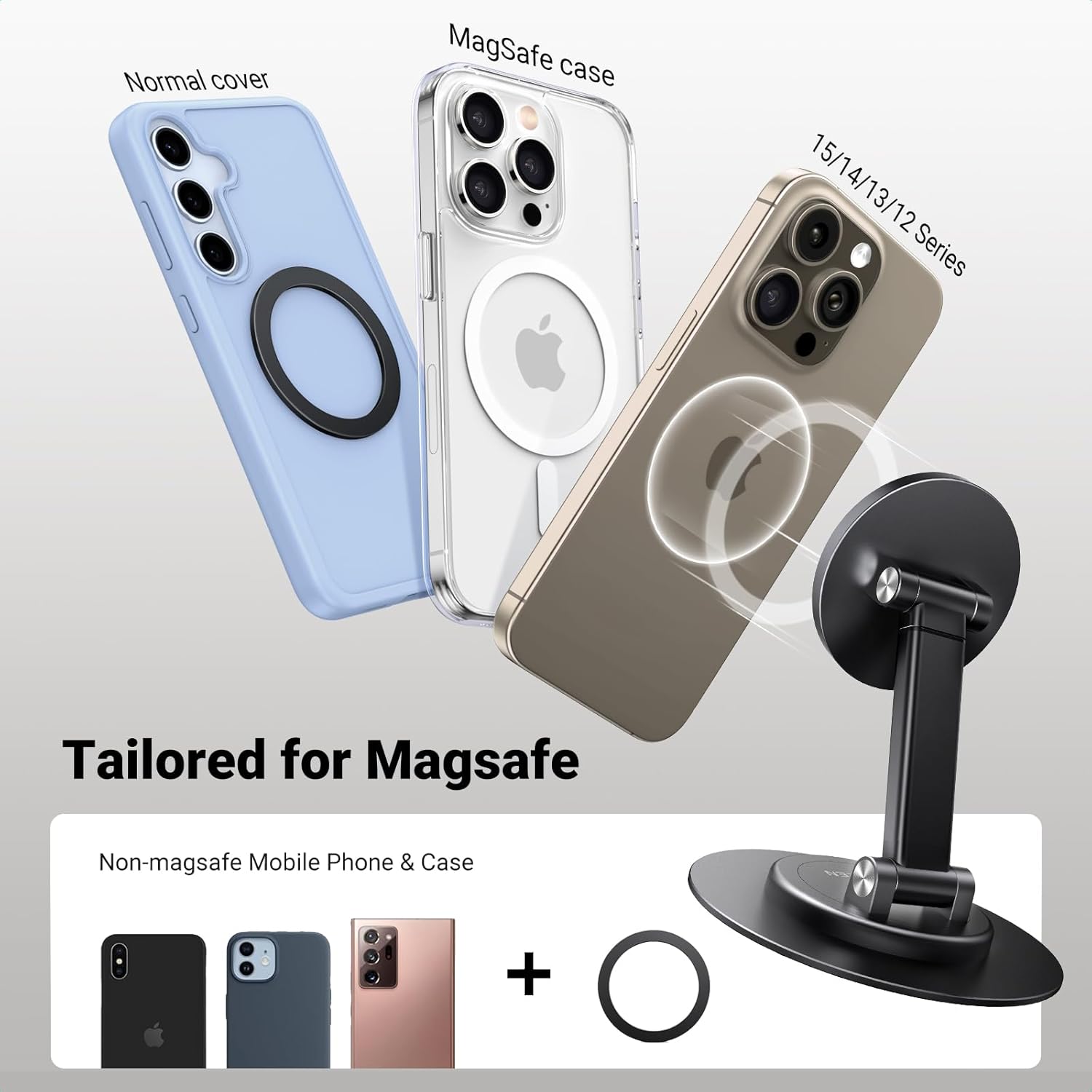 Magnetic Phone Stand for MagSafe, Height Adjustable iPhone Stand for Desk with 360° Rotation Compatible for iPhone 17