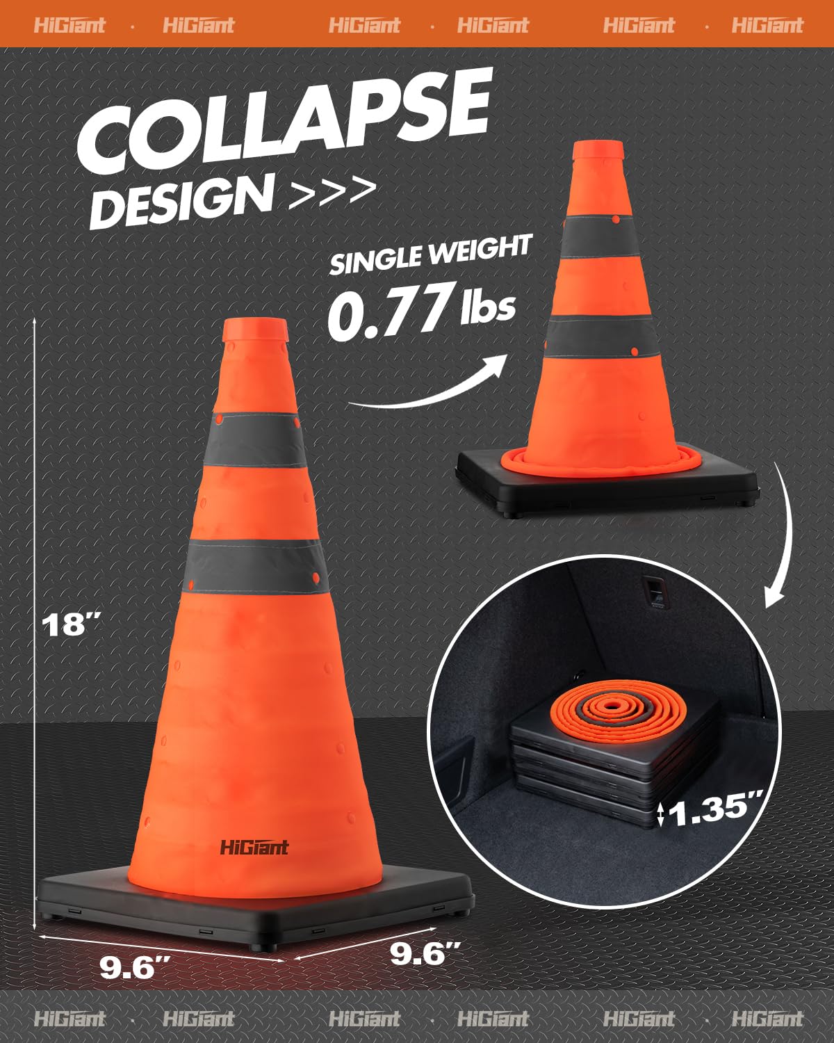1 Pack 18 Inch Orange Collapsible Traffic Safety Cones, Black Base